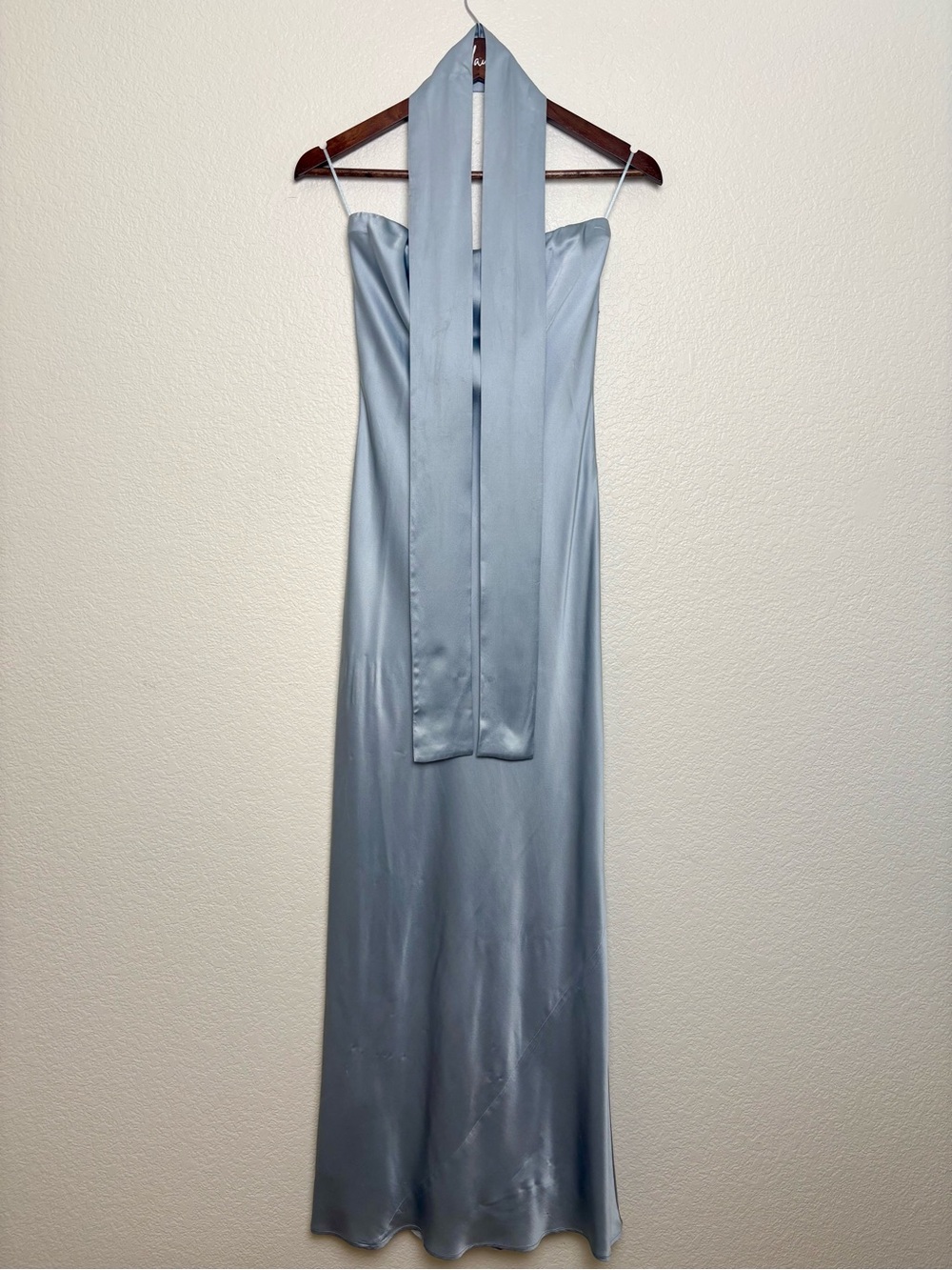 Reformation Oren Silk Dress Blue Strapless Maxi Dress Scarf Neck Gown Small - Picture 6 of 10